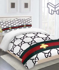 Gucci Bedding Set, Gucci Bee Red Green White Fashion Logo Limited Luxury Brand Bedding Set Home Decor