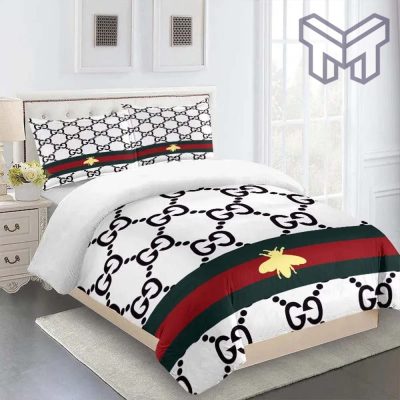 Gucci Bedding Set, Gucci Bee Red Green White Fashion Logo Limited Luxury Brand Bedding Set Home Decor