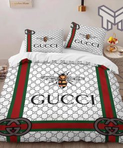 Gucci Bedding Set, Gucci Bee White Luxury Brand High-End Bedding Set Home Decor