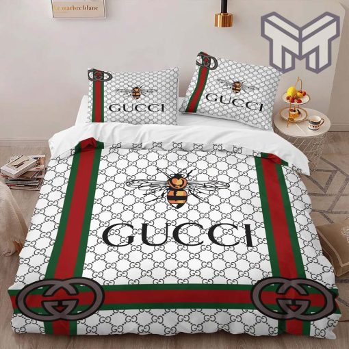 Gucci Bedding Set, Gucci Bee White Luxury Brand High-End Bedding Set Home Decor