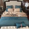 Gucci Bedding Set, Gucci Beige Blue Luxury Brand Bedding Set Home Decor