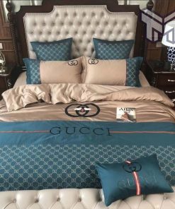 Gucci Bedding Set, Gucci Beige Blue Luxury Brand Bedding Set Home Decor