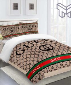 Gucci Bedding Set, Gucci Beige Fashion Luxury Brand Fashion Bedding Set Bedspread Duvet Cover Set