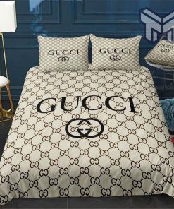 Gucci Bedding Set, Gucci Beige Logo Luxury Brand Bedding Set Home Decor