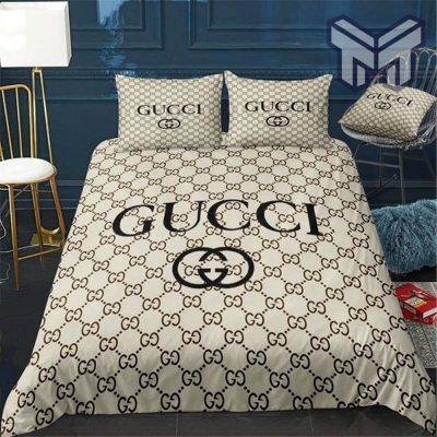 Gucci Bedding Set, Gucci Beige Logo Luxury Brand Bedding Set Home Decor