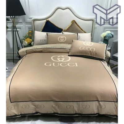 Gucci Bedding Set, Gucci Beige Luxury Brand Bedding Set Bedspread Duvet Cover Set Home Decor