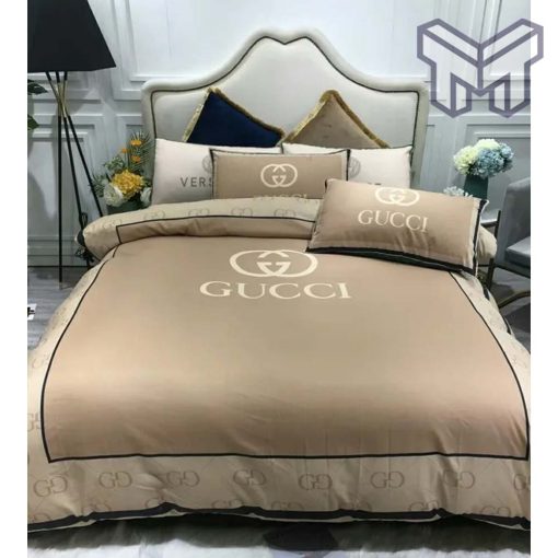 Gucci Bedding Set, Gucci Beige Luxury Brand Bedding Set Bedspread Duvet Cover Set Home Decor