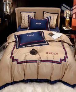 Gucci Bedding Set, Gucci Beige Navy Luxury Brand Bedding Set Bedspread Duvet Cover Set Home Decor