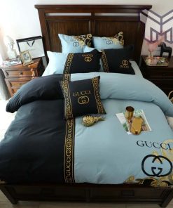 Gucci Bedding Set, Gucci Black And Blue Luxury Brand Bedding Set Bedspread Duvet Cover Set Home Decor