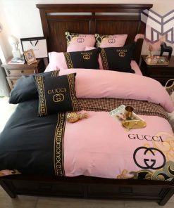 Gucci Bedding Set, Gucci Black And Pinky Luxury Brand Bedding Set Bedspread Duvet Cover Set Home Decor