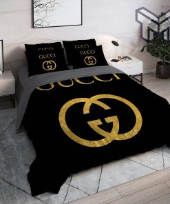 Gucci Bedding Set, Gucci Black Golden Logo Luxury Brand High End Premium Bedding Set Home Decor