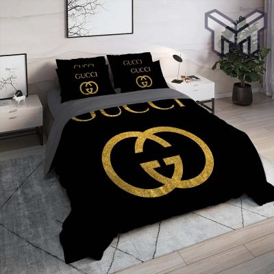 Gucci Bedding Set, Gucci Black Golden Logo Luxury Brand High End Premium Bedding Set Home Decor