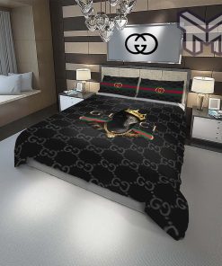 Gucci Bedding Set, Gucci Black Panther Fashion Logo Luxury Brand Premium Bedding Set Home Decor