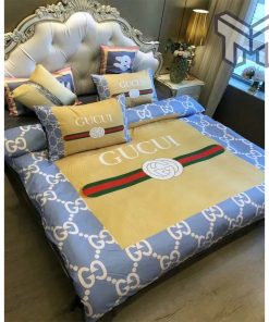 Gucci Bedding Set, Gucci Blue Beige Luxury Brand Premium Bedding Set Bedspread Duvet Cover Set Home Decor