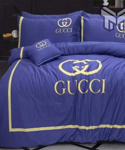 Gucci Bedding Set, Gucci Blue Fashion Logo Luxury Brand Bedding Set Home Decor