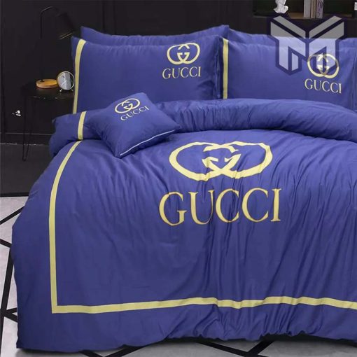 Gucci Bedding Set, Gucci Blue Fashion Logo Luxury Brand Bedding Set Home Decor