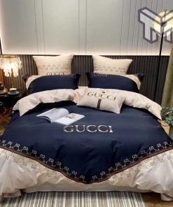 Gucci Bedding Set, Gucci Blue Khaki Beige Luxury Brand Bedding Set Duvet Cover Home Decor