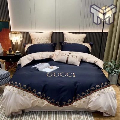 Gucci Bedding Set, Gucci Blue Khaki Beige Luxury Brand Bedding Set Duvet Cover Home Decor