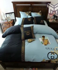 Gucci Bedding Set, Gucci Blue Luxury Brand High End Bedding Set Home Decor