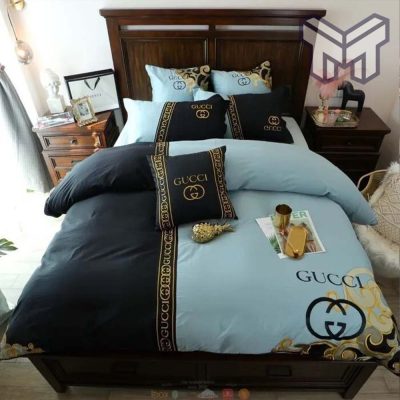 Gucci Bedding Set, Gucci Blue Luxury Brand High End Bedding Set Home Decor