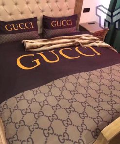 Gucci Bedding Set, Gucci Brown Beige Logo Luxury Brand Bedding Set Home Decor