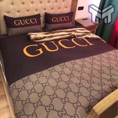 Gucci Bedding Set, Gucci Brown Beige Logo Luxury Brand Bedding Set Home Decor