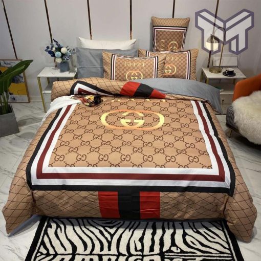 Gucci Bedding Set, Gucci Brown Luxury Brand High-End Bedding Set Home Decor