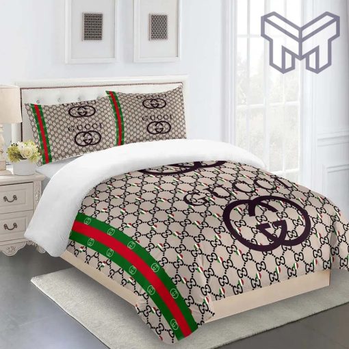 Gucci Bedding Set, Gucci Brown Premium Fashion Luxury Brand Limited Bedding Set Home Decor