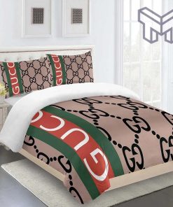 Gucci Bedding Set, Gucci Brown Premium Luxury Brand Fashion Bedding Set Home Decor