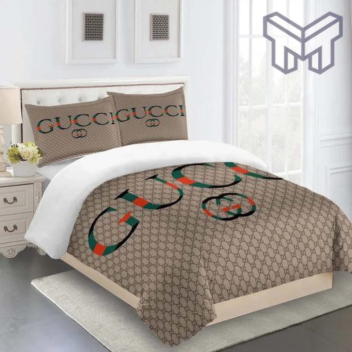 Gucci Bedding Set, Gucci Brown Premium Luxury Brand Fashion Limited Bedding Set Home Decor