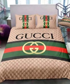 Gucci Bedding Set, Gucci Brown Stripe Luxury Brand High End Bedding Set Home Decor