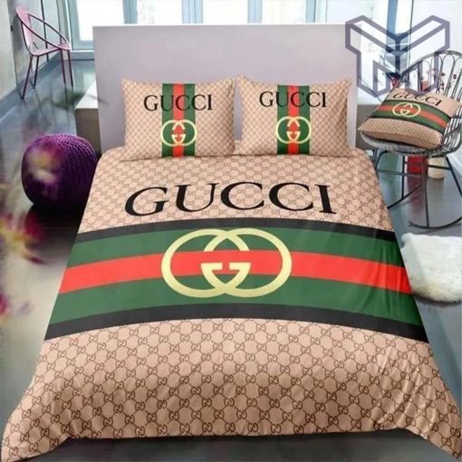 Gucci Bedding Set, Gucci Brown Stripe Luxury Brand High End Bedding Set Home Decor