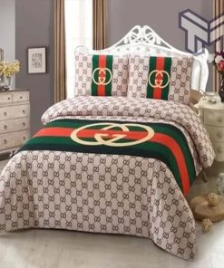 Gucci Bedding Set, Gucci Brown Stripe Luxury Brand High-End Bedding Set Home Decor