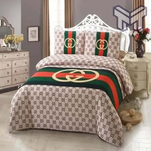 Gucci Bedding Set, Gucci Brown Stripe Luxury Brand High-End Bedding Set Home Decor