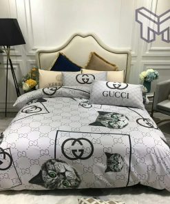 Gucci Bedding Set, Gucci Cat Luxury Brand High-End White Bedding Set Home Decor