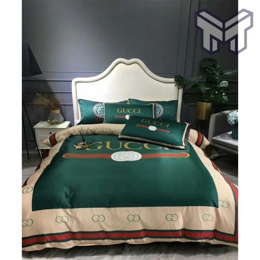 Gucci Bedding Set, Gucci Dark Green Luxury Brand Bedding Set Bedspread Duvet Cover Set Home Decor