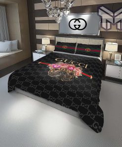 Gucci Bedding Set, Gucci Doggy And Flowers Fashion Logo Luxury Brand Premium Bedding Set Home Decor