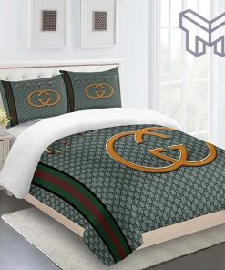 Gucci Bedding Set, Gucci Fashion Golden Logo Limited Luxury Brand Bedding Set Home Decor