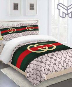 Gucci Bedding Set, Gucci Fashion Yellow Logo Red Green Limited Luxury Brand Bedding Set Home Decor