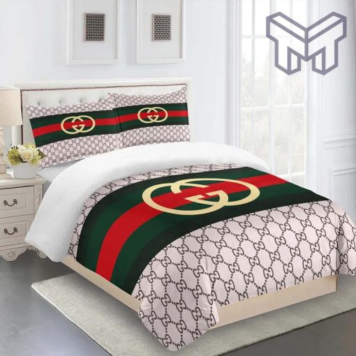 Gucci Bedding Set, Gucci Fashion Yellow Logo Red Green Limited Luxury Brand Bedding Set Home Decor