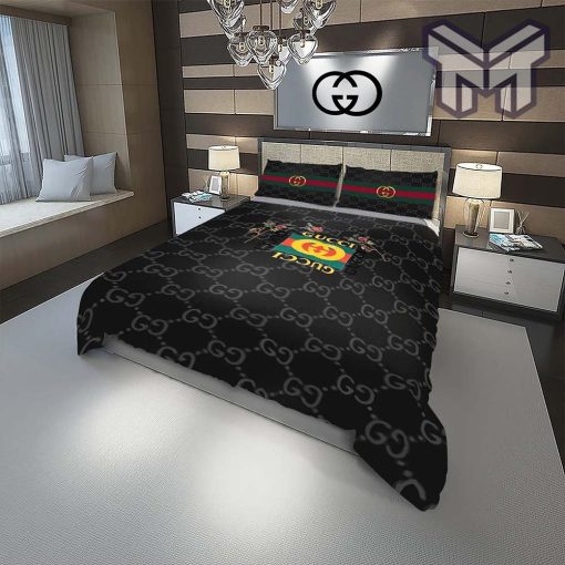 Gucci Bedding Set, Gucci Flowers Fashion Logo Luxury Brand Premium Bedding Set Home Decor