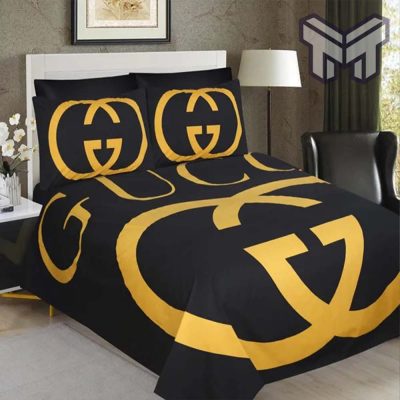 Gucci Bedding Set, Gucci Golden Logo Luxury Brand Bedding Set Home Decor