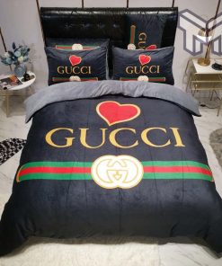 Gucci Bedding Set, Gucci Heart Black Luxury Brand Premium Bedding Set Duvet Cover Home Decor