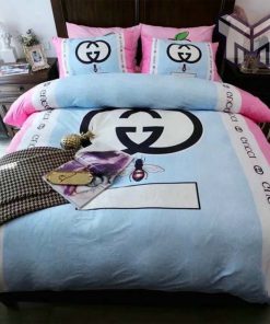 Gucci Bedding Set, Gucci Light Blue Pink Luxury Brand Bedding Set Bedspread Duvet Cover Set Home Decor