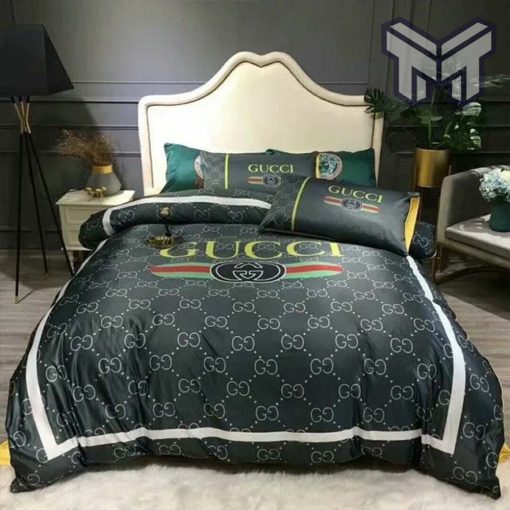 Gucci Bedding Set, Gucci Logo Black Luxury Brand High-End Bedding Set Home Decor