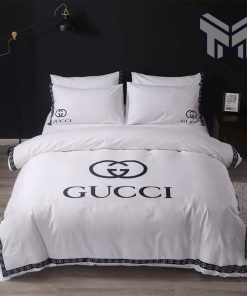 Gucci Bedding Set, Gucci Luxury Brand White Bedding Set Bedspread Duvet Cover Set Home Decor