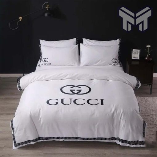 Gucci Bedding Set, Gucci Luxury Brand White Bedding Set Bedspread Duvet Cover Set Home Decor