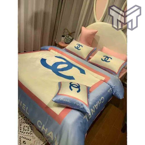 chanel-bedding-sets-chanel-logo-blue-printed-bedding-sets-quilt-sets-duvet-cover-luxury-brand-bedding-decor-bedroom-sets