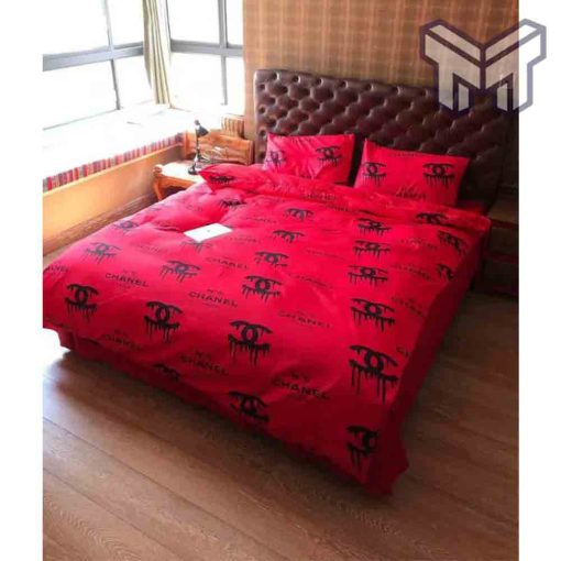 chanel-bedding-sets-chanel-red-dirty-logo-bedding-3d-printed-bedding-sets-quilt-sets-duvet-cover-luxury-brand-bedding-decor-bedroom-sets