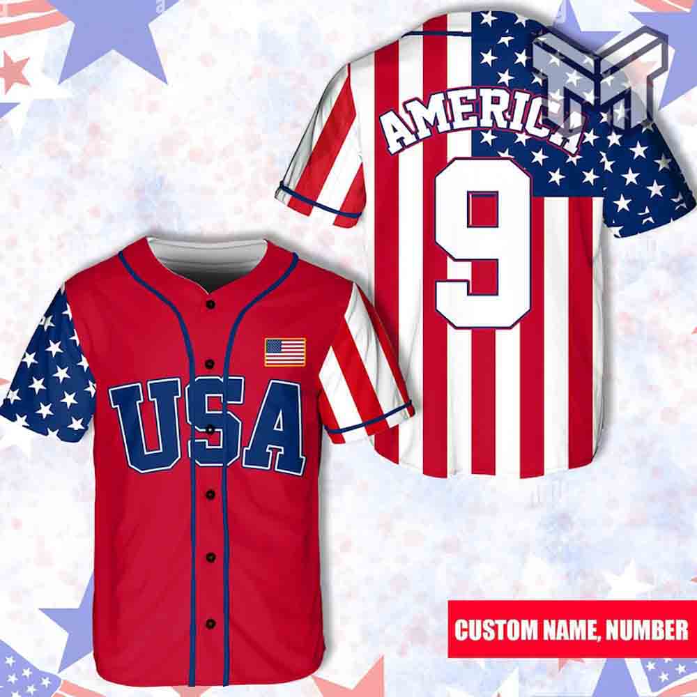 4th of July Patriotic American Flag Custom Baseball Jersey Print  Personalized Team Name Number Short Sleeve Softball Jersey